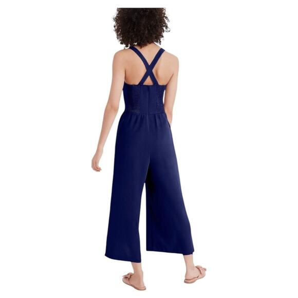 Madewell Jumpsuit Womens Size 2 Navy Blue Smocked Button-Front Wide Leg Cropped - Picture 2 of 16